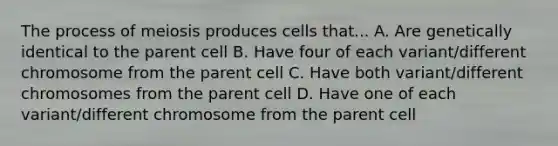 The process of meiosis produces cells that... A. Are genetically identical to the parent cell B. Have four of each variant/different chromosome from the parent cell C. Have both variant/different chromosomes from the parent cell D. Have one of each variant/different chromosome from the parent cell