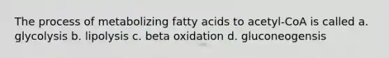 The process of metabolizing fatty acids to acetyl-CoA is called a. glycolysis b. lipolysis c. beta oxidation d. gluconeogensis