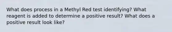 What does process in a Methyl Red test identifying? What reagent is added to determine a positive result? What does a positive result look like?