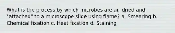 What is the process by which microbes are air dried and "attached" to a microscope slide using flame? a. Smearing b. Chemical fixation c. Heat fixation d. Staining