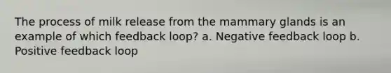 The process of milk release from the mammary glands is an example of which feedback loop? a. Negative feedback loop b. Positive feedback loop