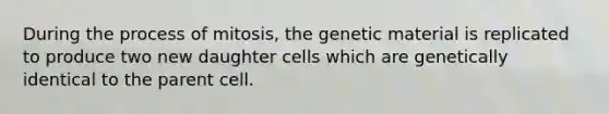 During the process of mitosis, the genetic material is replicated to produce two new daughter cells which are genetically identical to the parent cell.