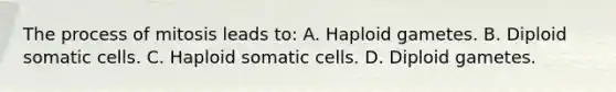 The process of mitosis leads to: A. Haploid gametes. B. Diploid somatic cells. C. Haploid somatic cells. D. Diploid gametes.