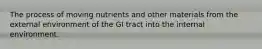 The process of moving nutrients and other materials from the external environment of the GI tract into the internal environment.