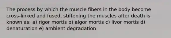 The process by which the muscle fibers in the body become cross-linked and fused, stiffening the muscles after death is known as: a) rigor mortis b) algor mortis c) livor mortis d) denaturation e) ambient degradation