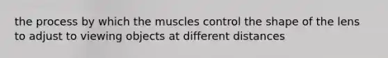 the process by which the muscles control the shape of the lens to adjust to viewing objects at different distances