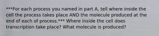 ***For each process you named in part A, tell where inside the cell the process takes place AND the molecule produced at the end of each of process.*** Where inside the cell does transcription take place? What molecule is produced?