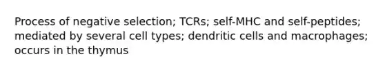 Process of negative selection; TCRs; self-MHC and self-peptides; mediated by several cell types; dendritic cells and macrophages; occurs in the thymus