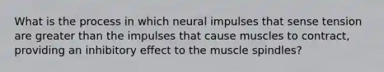 What is the process in which neural impulses that sense tension are greater than the impulses that cause muscles to contract, providing an inhibitory effect to the muscle spindles?