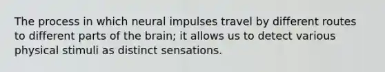 The process in which neural impulses travel by different routes to different parts of the brain; it allows us to detect various physical stimuli as distinct sensations.