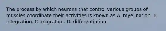 The process by which neurons that control various groups of muscles coordinate their activities is known as A. myelination. B. integration. C. migration. D. differentiation.