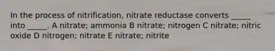 In the process of nitrification, nitrate reductase converts _____ into _____. A nitrate; ammonia B nitrate; nitrogen C nitrate; nitric oxide D nitrogen; nitrate E nitrate; nitrite