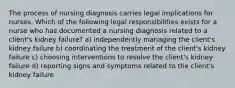 The process of nursing diagnosis carries legal implications for nurses. Which of the following legal responsibilities exists for a nurse who has documented a nursing diagnosis related to a client's kidney failure? a) independently managing the client's kidney failure b) coordinating the treatment of the client's kidney failure c) choosing interventions to resolve the client's kidney failure d) reporting signs and symptoms related to the client's kidney failure