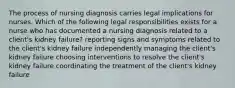 The process of nursing diagnosis carries legal implications for nurses. Which of the following legal responsibilities exists for a nurse who has documented a nursing diagnosis related to a client's kidney failure? reporting signs and symptoms related to the client's kidney failure independently managing the client's kidney failure choosing interventions to resolve the client's kidney failure coordinating the treatment of the client's kidney failure