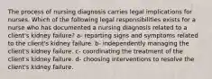 The process of nursing diagnosis carries legal implications for nurses. Which of the following legal responsibilities exists for a nurse who has documented a nursing diagnosis related to a client's kidney failure? a- reporting signs and symptoms related to the client's kidney failure. b- independently managing the client's kidney failure. c- coordinating the treatment of the client's kidney failure. d- choosing interventions to resolve the client's kidney failure.