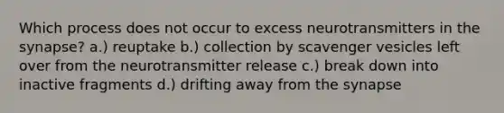 Which process does not occur to excess neurotransmitters in <a href='https://www.questionai.com/knowledge/kTCXU7vaKU-the-synapse' class='anchor-knowledge'>the synapse</a>? a.) reuptake b.) collection by scavenger vesicles left over from the neurotransmitter release c.) break down into inactive fragments d.) drifting away from the synapse