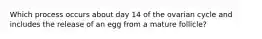 Which process occurs about day 14 of the ovarian cycle and includes the release of an egg from a mature follicle?