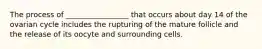 The process of _________________ that occurs about day 14 of the ovarian cycle includes the rupturing of the mature follicle and the release of its oocyte and surrounding cells.