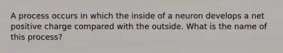 A process occurs in which the inside of a neuron develops a net positive charge compared with the outside. What is the name of this process?