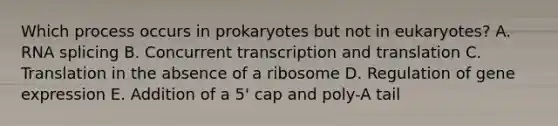 Which process occurs in prokaryotes but not in eukaryotes? A. RNA splicing B. Concurrent transcription and translation C. Translation in the absence of a ribosome D. Regulation of gene expression E. Addition of a 5' cap and poly-A tail