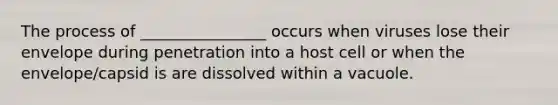 The process of ________________ occurs when viruses lose their envelope during penetration into a host cell or when the envelope/capsid is are dissolved within a vacuole.