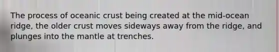 The process of oceanic crust being created at the mid-ocean ridge, the older crust moves sideways away from the ridge, and plunges into the mantle at trenches.