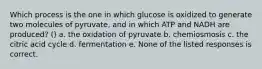 Which process is the one in which glucose is oxidized to generate two molecules of pyruvate, and in which ATP and NADH are produced? () a. the oxidation of pyruvate b. chemiosmosis c. the citric acid cycle d. fermentation e. None of the listed responses is correct.