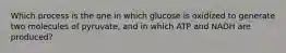 Which process is the one in which glucose is oxidized to generate two molecules of pyruvate, and in which ATP and NADH are produced?