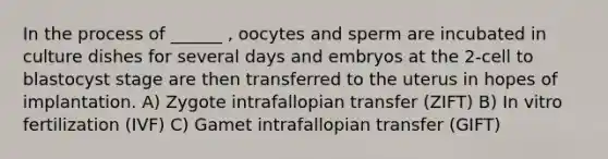 In the process of ______ , oocytes and sperm are incubated in culture dishes for several days and embryos at the 2-cell to blastocyst stage are then transferred to the uterus in hopes of implantation. A) Zygote intrafallopian transfer (ZIFT) B) In vitro fertilization (IVF) C) Gamet intrafallopian transfer (GIFT)