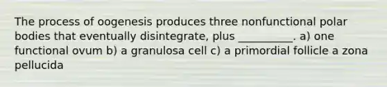 The process of oogenesis produces three nonfunctional polar bodies that eventually disintegrate, plus __________. a) one functional ovum b) a granulosa cell c) a primordial follicle a zona pellucida