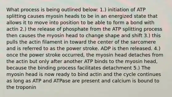 What process is being outlined below: 1.) initiation of ATP splitting causes myosin heads to be in an energized state that allows it to move into position to be able to form a bond with actin 2.) the release of phosphate from the ATP splitting process then causes the myosin head to change shape and shift 3.) this pulls the actin filament in toward the center of the sarcomere and is referred to as the power stroke. ADP is then released. 4.) once the power stroke occurred, the myosin head detaches from the actin but only after another ATP binds to the myosin head, because the binding process facilitates detachment 5.) The myosin head is now ready to bind actin and the cycle continues as long as ATP and ATPase are present and calcium is bound to the troponin