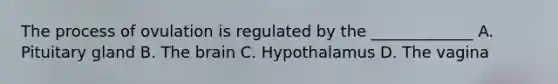 The process of ovulation is regulated by the _____________ A. Pituitary gland B. The brain C. Hypothalamus D. The vagina