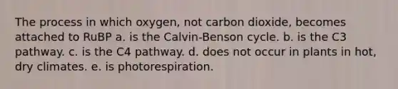 The process in which oxygen, not carbon dioxide, becomes attached to RuBP a. is the Calvin-Benson cycle. b. is the C3 pathway. c. is the C4 pathway. d. does not occur in plants in hot, dry climates. e. is photorespiration.