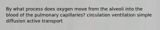 By what process does oxygen move from the alveoli into <a href='https://www.questionai.com/knowledge/k7oXMfj7lk-the-blood' class='anchor-knowledge'>the blood</a> of the pulmonary capillaries? circulation ventilation simple diffusion active transport