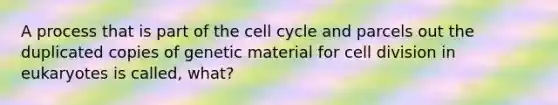 A process that is part of the <a href='https://www.questionai.com/knowledge/keQNMM7c75-cell-cycle' class='anchor-knowledge'>cell cycle</a> and parcels out the duplicated copies of genetic material for <a href='https://www.questionai.com/knowledge/kjHVAH8Me4-cell-division' class='anchor-knowledge'>cell division</a> in eukaryotes is called, what?