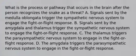 What is the process or pathway that occurs in the brain after the person recognizes the snake as a threat? A. Signals sent by the medulla oblongata trigger the sympathetic nervous system to engage the fight-or-flight response. B. Signals sent by the amygdala and thalamus trigger the sympathetic nervous system to engage the fight-or-flight response. C. The thalamus triggers the paraysmpathetic nervous system to engage in the fight-or-flight response. D. The amygdala triggers the parasympathetic nervous system to engage in the fight-or-flight response.