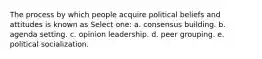 The process by which people acquire political beliefs and attitudes is known as Select one: a. consensus building. b. agenda setting. c. opinion leadership. d. peer grouping. e. political socialization.