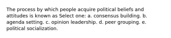 The process by which people acquire political beliefs and attitudes is known as Select one: a. consensus building. b. agenda setting. c. opinion leadership. d. peer grouping. e. political socialization.