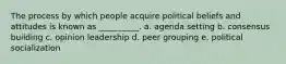 The process by which people acquire political beliefs and attitudes is known as __________. a. agenda setting b. consensus building c. opinion leadership d. peer grouping e. political socialization