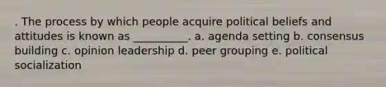 . The process by which people acquire political beliefs and attitudes is known as __________. a. agenda setting b. consensus building c. opinion leadership d. peer grouping e. political socialization