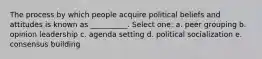 The process by which people acquire political beliefs and attitudes is known as __________. Select one: a. peer grouping b. opinion leadership c. agenda setting d. political socialization e. consensus building