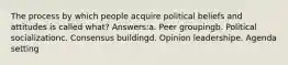 The process by which people acquire political beliefs and attitudes is called what? Answers:a. Peer groupingb. Political socializationc. Consensus buildingd. Opinion leadershipe. Agenda setting