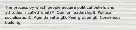 The process by which people acquire political beliefs and attitudes is called what?A. Opinion leadershipB. Political socializationC. Agenda settingD. Peer groupingE. Consensus building