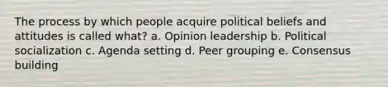 The process by which people acquire political beliefs and attitudes is called what? a. Opinion leadership b. Political socialization c. Agenda setting d. Peer grouping e. Consensus building