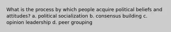 What is the process by which people acquire political beliefs and attitudes? a. political socialization b. consensus building c. opinion leadership d. peer grouping