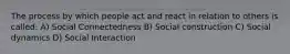 The process by which people act and react in relation to others is called: A) Social Connectedness B) Social construction C) Social dynamics D) Social Interaction