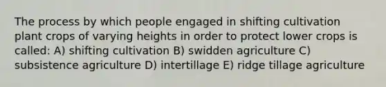 The process by which people engaged in shifting cultivation plant crops of varying heights in order to protect lower crops is called: A) shifting cultivation B) swidden agriculture C) subsistence agriculture D) intertillage E) ridge tillage agriculture