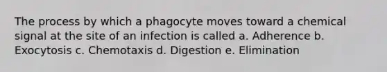 The process by which a phagocyte moves toward a chemical signal at the site of an infection is called a. Adherence b. Exocytosis c. Chemotaxis d. Digestion e. Elimination