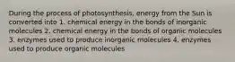 During the process of photosynthesis, energy from the Sun is converted into 1. chemical energy in the bonds of inorganic molecules 2. chemical energy in the bonds of organic molecules 3. enzymes used to produce inorganic molecules 4. enzymes used to produce organic molecules