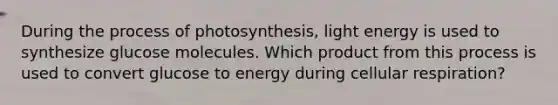 During the process of photosynthesis, light energy is used to synthesize glucose molecules. Which product from this process is used to convert glucose to energy during cellular respiration?